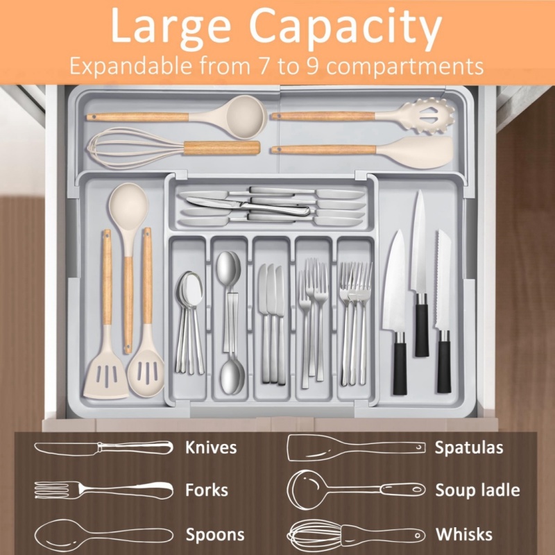Kitchen Appliances Large - グレーの拡張可能なキッチン用品引き出しオーガナイザー、9つのコンパートメント、大型調整可能なプラスチック製カトラリー収納ボックス