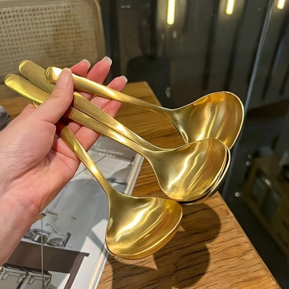 Kitchen Appliances Large - 2個入り ゴールデンステンレススチール製大型スプーン、鍋、スープ、お粥用 - 長い柄、エレガントなキッチン＆ダイニング用品、スプーン