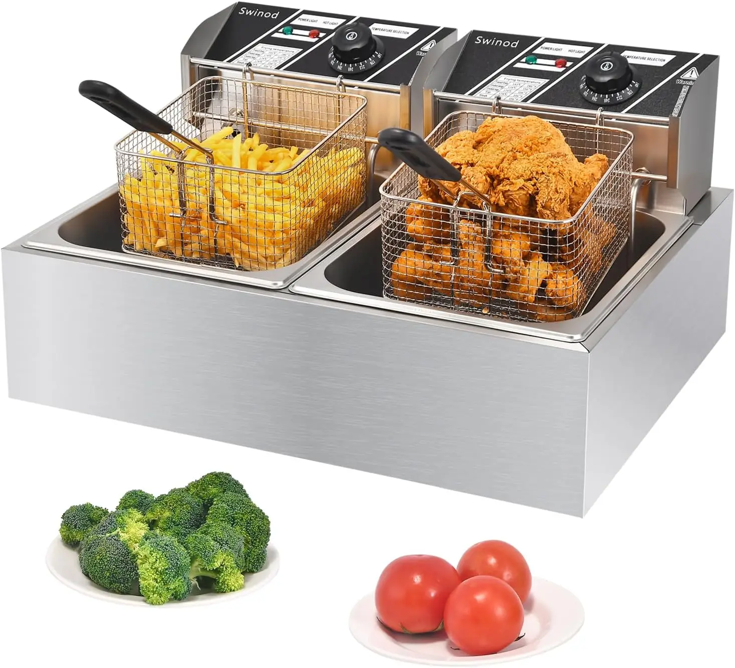 Deep Fryer Stainless - 業務用フライヤー（バスケット付き）、3400W 12.7QT/12L 厚手ステンレス製卓上電気フライヤー、大容量