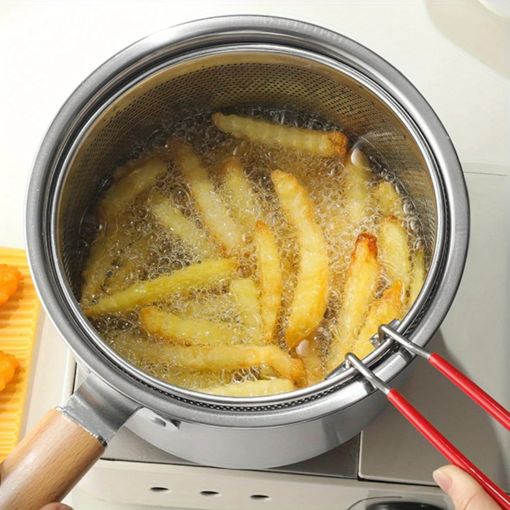 Deep Fryer Stainless - ステンレス製多目的調理器具セット（フライバスケットとガラス蓋付き）- 304 SUSノンスティックソースパン、ディープフライヤー、ミルクパン