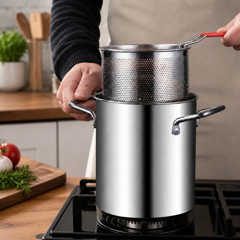 Deep Fryer Stainless - 304ステンレス製ディープフライヤー容器（バスケットと蓋付き）、多目的調理鍋