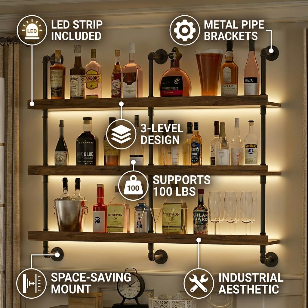 壁掛けワインラック LEDライト付き 3段フローティングバー - Kitchen Appliances Shelves のレビューと価格